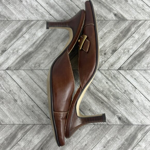 AK Anne Klein Vintage Pointed Brown Leather Kitten Heel Mules Buckle Womens 8 M - Picture 10 of 12